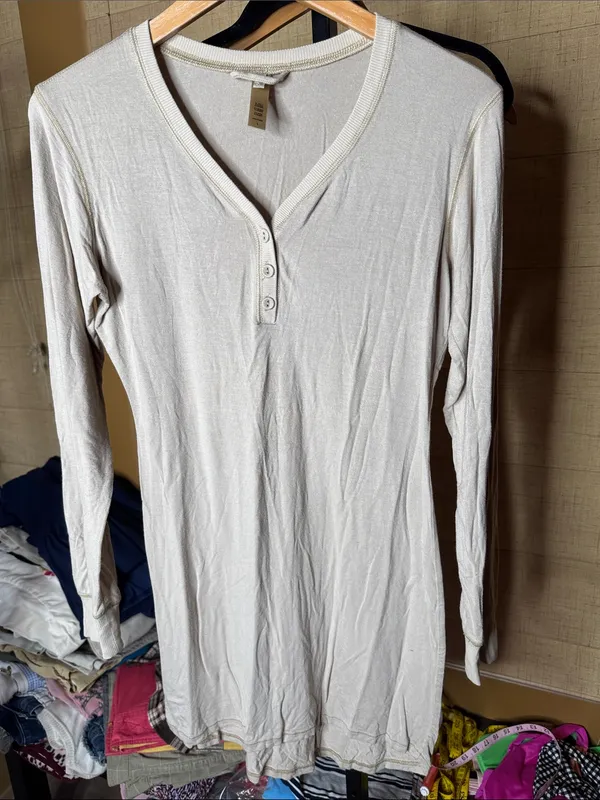 SKIMS Bone Long Sleeve Henley Sleep Lounge Mini Dress Size Large - Image 3
