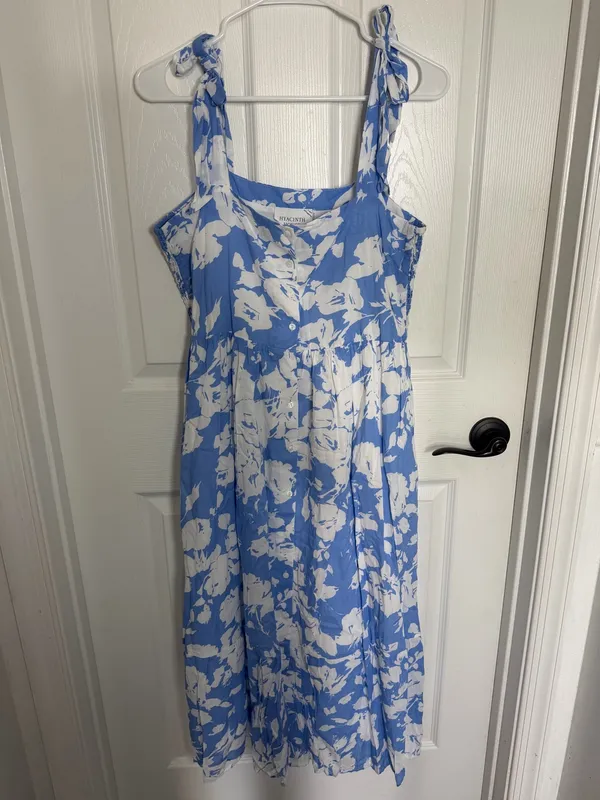 Hyacinth House Tuckernuck Blue and White Floral Lupine Midi Tie Shoulder Dress M - Image 4