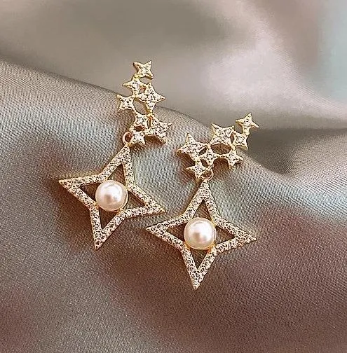 Crystal Pearl Beaded Stud Drop Earring Gold - Image 3
