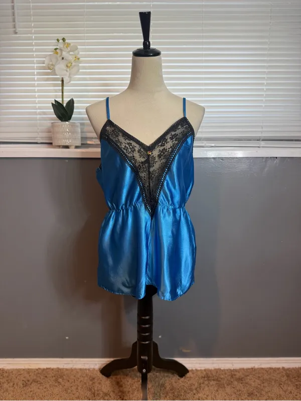 Vintage Sapphire Blue Satin Lace Cami Top Made USA Union Tag Size M - Image 3