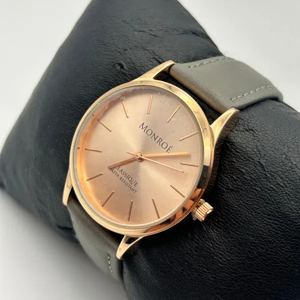 Monroe By Maestro Classique Rose Gold Tone Gray Leather Band Watch New Battery - Image 2
