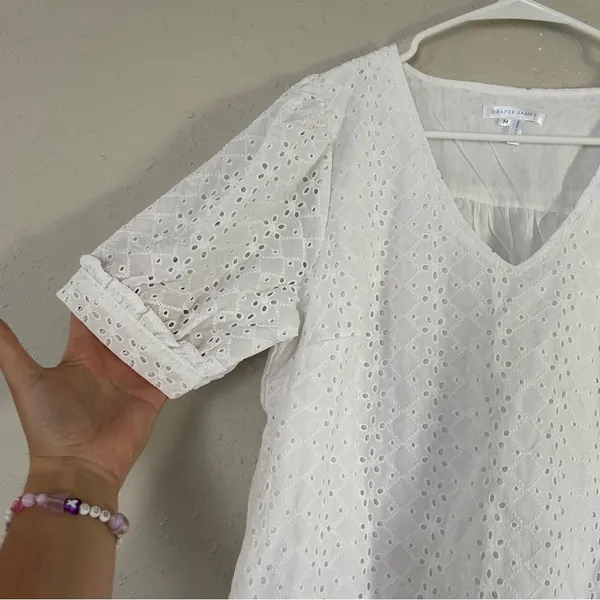 Draper James White Short Sleeve Puff Sleeve Eyelet Blouse Summer Neutral Medium - Image 4