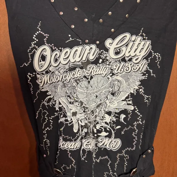 Y2K Studded Biker Graphic Tank Ocean City Motorcycle Rally Top Medium Bikercore - Image 6