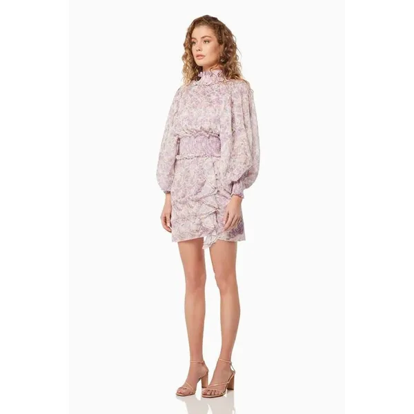 Elliatt Resorts Mini Dress Medium Lilac Multi Floral Embroidered Smocked Cottage - Image 12