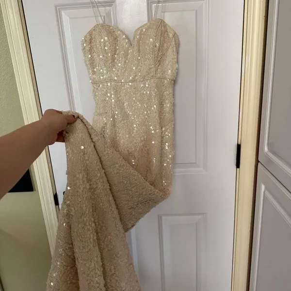 Aidan Mattox Sz 0 Sequin Cream Wedding Bridal Sweetheart Maxi Dress Side Slit - Image 3