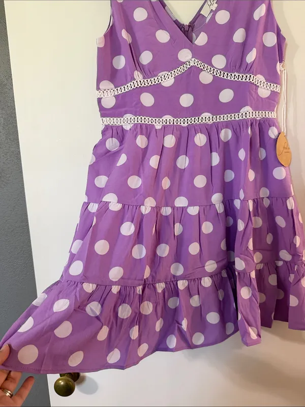 V-Neck Purple Polka Dot Tiered Casual Dress - Image 5