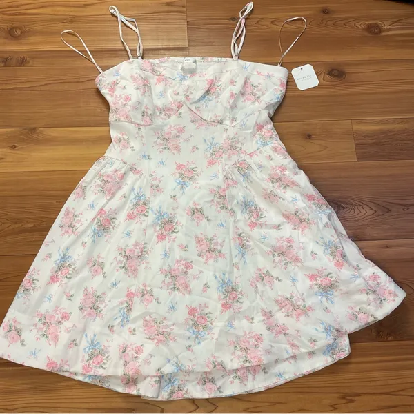 Altar'd State Floral Corset Milkmaid Mini Dress Lined White Pink Blue XL NWT - Image 4