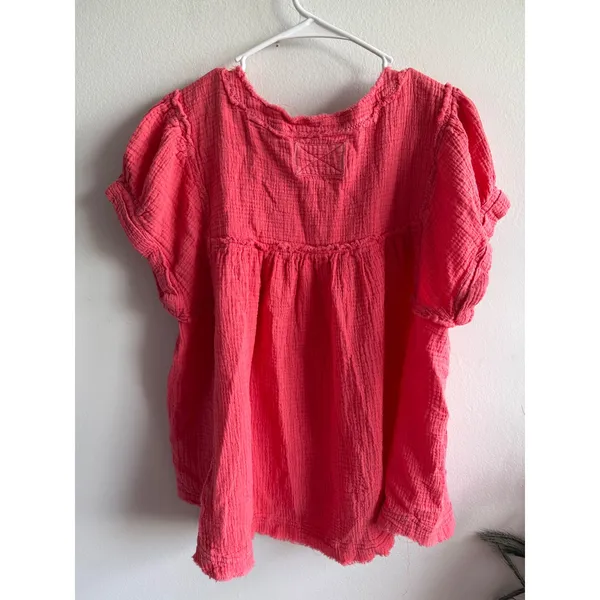 We The Free People Coral Pink Gauze Cotton Henley Boho Top Medium 4240 - Image 2