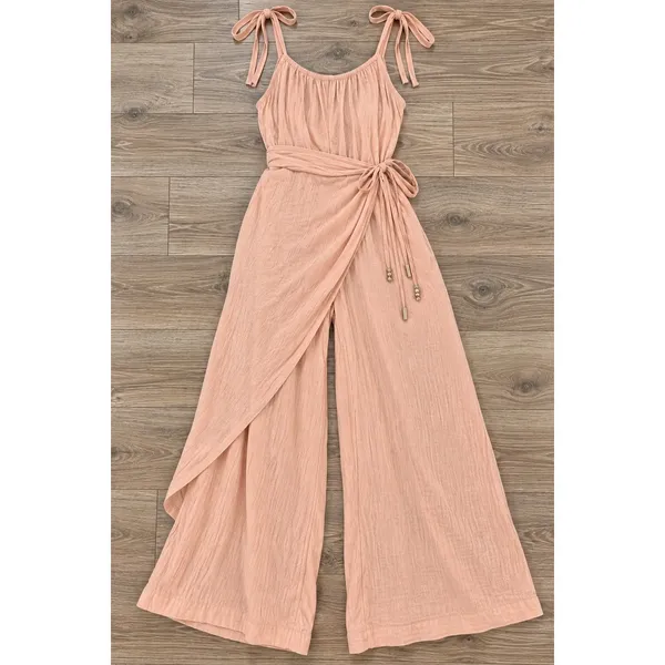 Free People Peach Blush Wide Leg Wrap Overlay Jumpsuit Medium Cotton Gauze Tie - Image 10