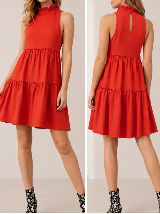 Elliatt Red Ruffle High Neck Sleeveless Tiered Holiday Wedding Swing Mini Dress - Image 2