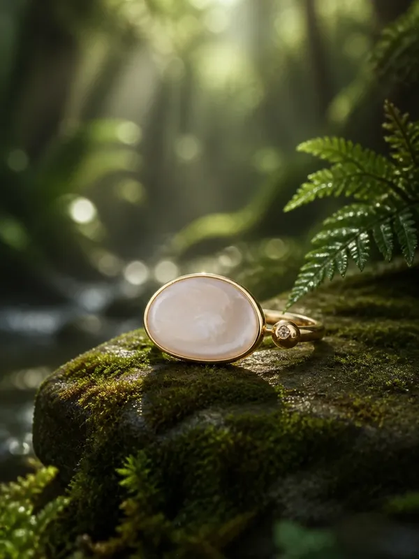 Gold Ring with White Mother-of-Pearl Oval Stone Size 6 - Image 2