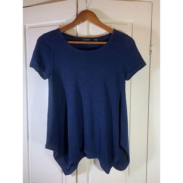 Lauren Ralph Lauren Knit Top‎ Womens Medium Handkerchief Hem Blue Classic Preppy - Image 3