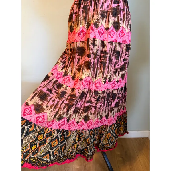 she's cool Whimsigoth retro pink Brown boho Tiered Crinkle Midimaxi Skirt y2k colorful nwt - Image 3