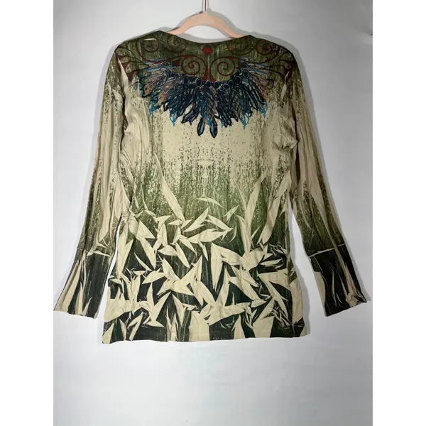 DECREE Graphic LS Tee‎ Women XL Green Nature Boho Tribal Inspired Wings Design - Image 2