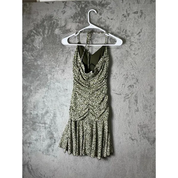 Vintage Y2K Olive Green‎ Ruched Halter Midi Dress Polka Dot Slip Dress Small - Image 3