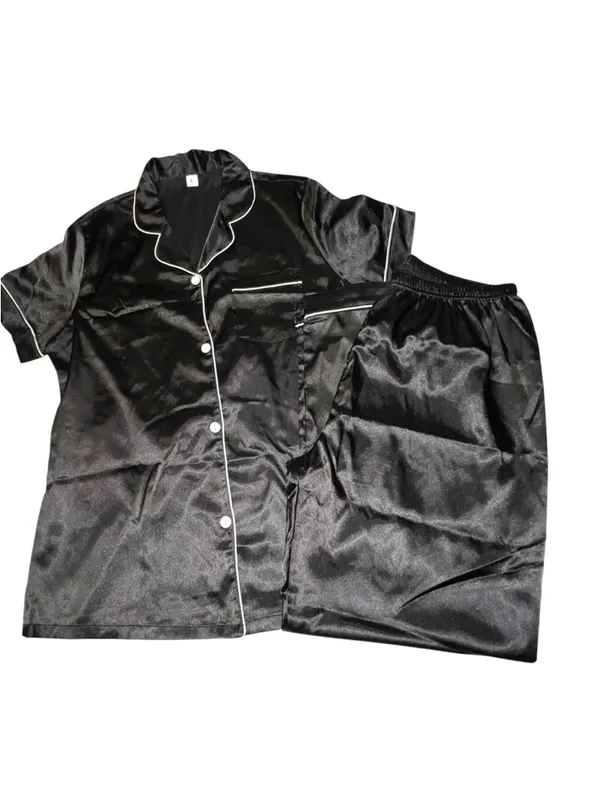 Women's Satin look/ feel Pajama Set - Black with White Piping - Image 3