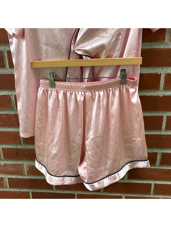 Pink Satin Pajama Set with Black Piping - Short Sleeve Top and Shorts - Image 3