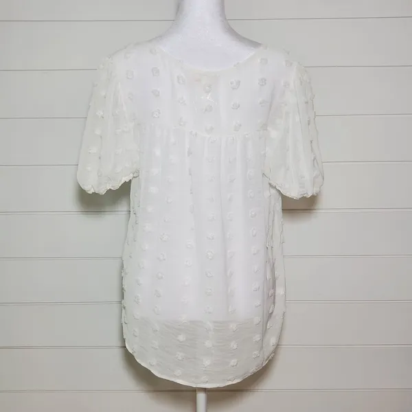 E&M Women’s Button Front Large Swiss Dot‎ White Top Short Sleeve V-Neck Size L - Image 3