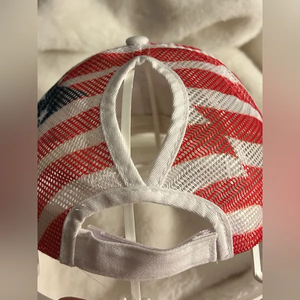 American Flag Mesh Back Trucker Hat Pony Cap. White - Image 4