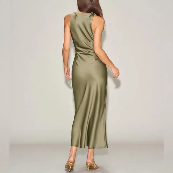 Rihoas Green Satin Boat Neck Slip Midi Dress - Image 5