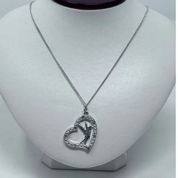 Disney Tinker Bell Heart Jeweled Silver Plated Necklace/Pendant 9"‎ Long - Image 3