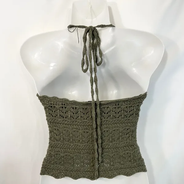 Abercrombie & Fitch XS Halter‎ Top Y2K VTG Crochet Olive Green Cotton Boho 1421 - Image 4