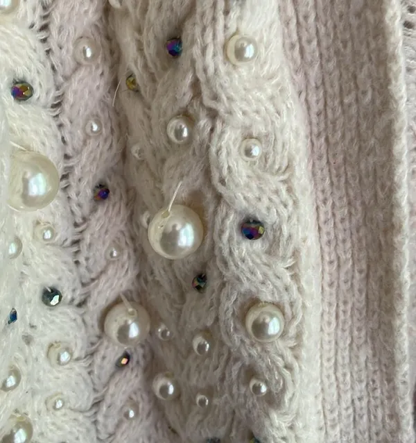 Anthropologie Embellished Pearl Open Cream Cardigan - Image 8