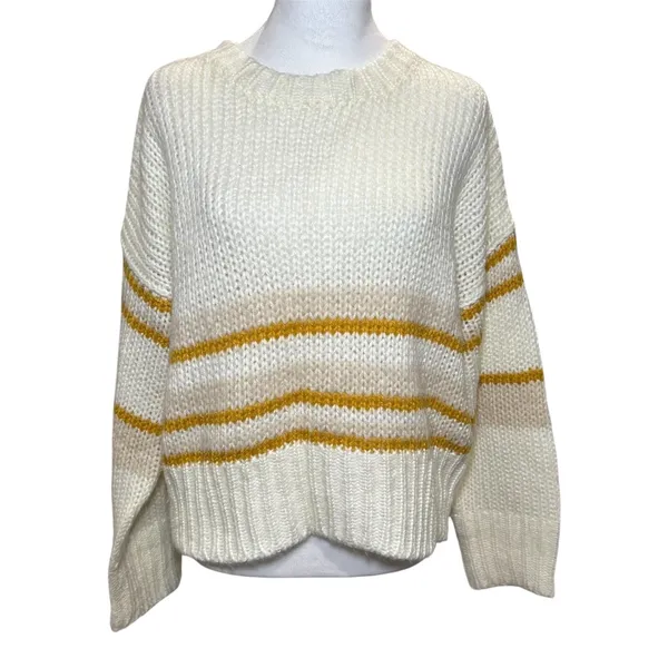 Leche Cream‎ Gold Striped Loose Knit Long Sleeve Sweater L Large Soft Preppy - Image 2
