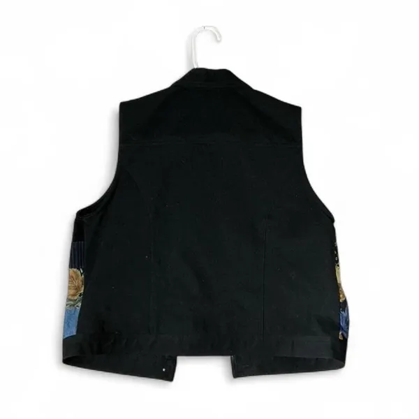 VTG Stonebridge Patchwork Embroidered Leaf Button Front Vest Black‎ Blue 16N33 Size L - Image 2