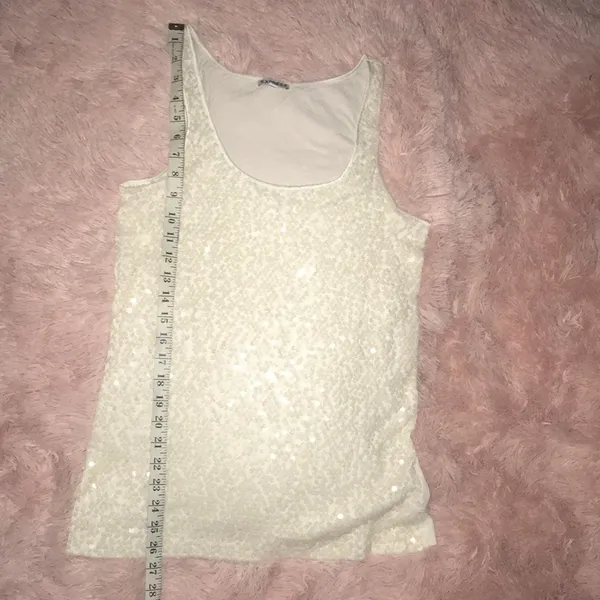 Express Dressy Women’s Ivory Translucent Sequin Long Scoop Neck Tank Top - Image 8