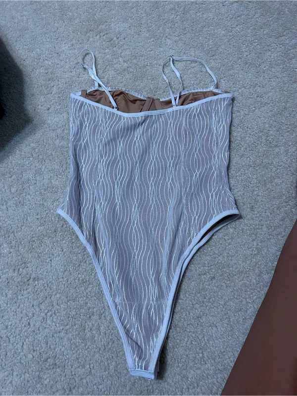 White fox Sheer Wave Mesh Bodysuit in Nude and White - Image 3