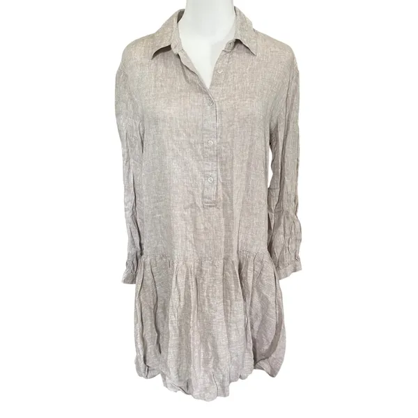 Cynthia Rowley Drop Waist Bubble Hem Linen Blend Dress Sz XS Beige Lagenlook - Image 2