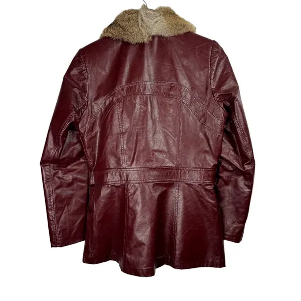 Vintage Leather Rabbitt Fur Trim Trench Tie Jacket Sz 5/6 Maroon Y2K Mob Wife - Image 2