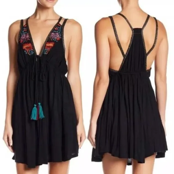 Free People Lovers Cove Embroidered Tassel Mini Dress‎ in Black Size XS - Image 2