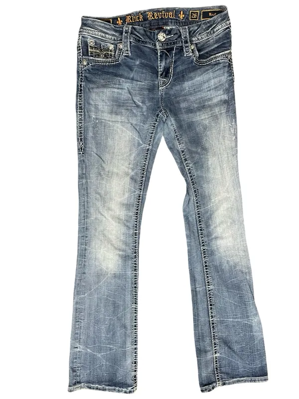 Rock Revival Denim Women’s Size 26 Blue Straight Leg Distressed Embellished Flap - Image 3