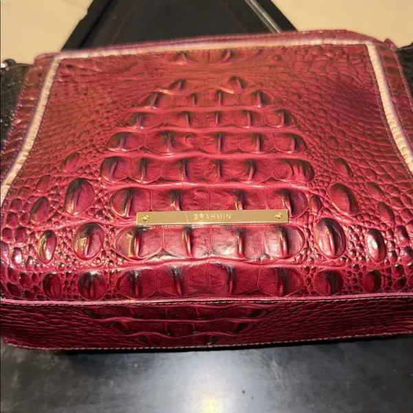 Brahmin Croc-Embossed Crossbody in Burgundy and Black - Image 2