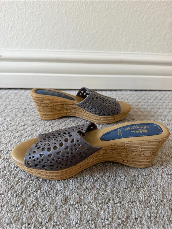 Spring Step Estella Gray Laser Cut Leather Wedge Slide Sandals Size Euro 38 - Image 8