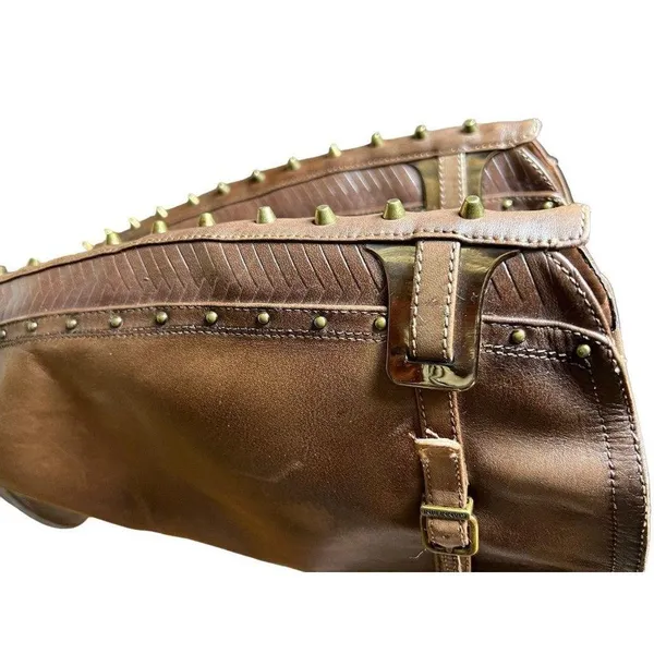 Gianni Bini Steampunk Boots Size 5.5 Mid Calf Low Heel Brown Leather Wrap Strap - Image 8