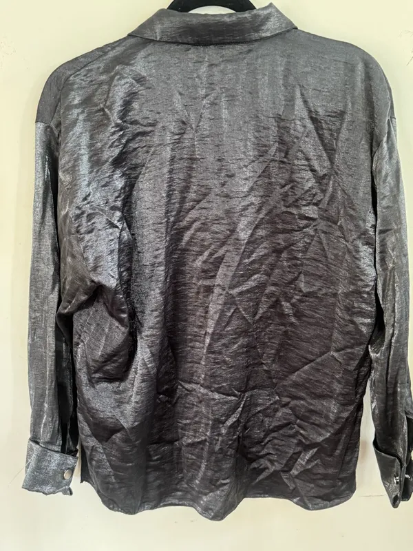 Zara Shiny Charcoal Black Satin Button-Up Shirt - Image 6