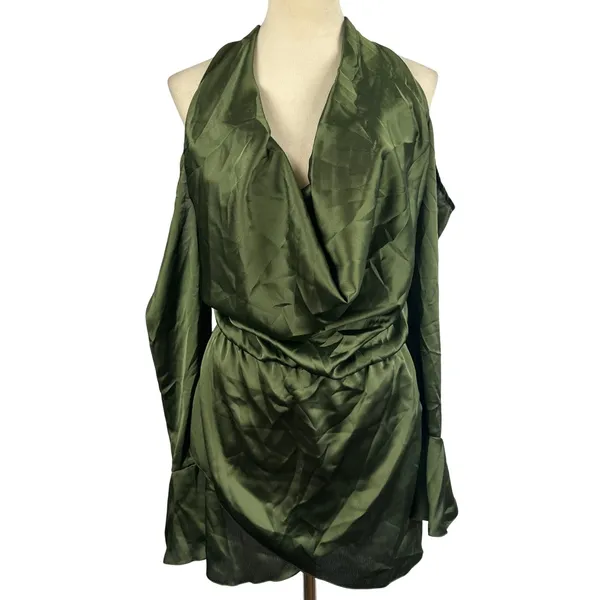 New PRETTYLITTLETHING Khaki Satin Cowl Cold Shoulder Bodycon MiniDress‎ Green 4 - Image 2