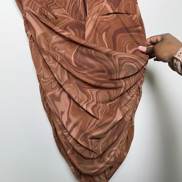 House of CB Women Clementine Mini Dress M Brown Swirl Cutout One-Shoulder Ruched - Image 6