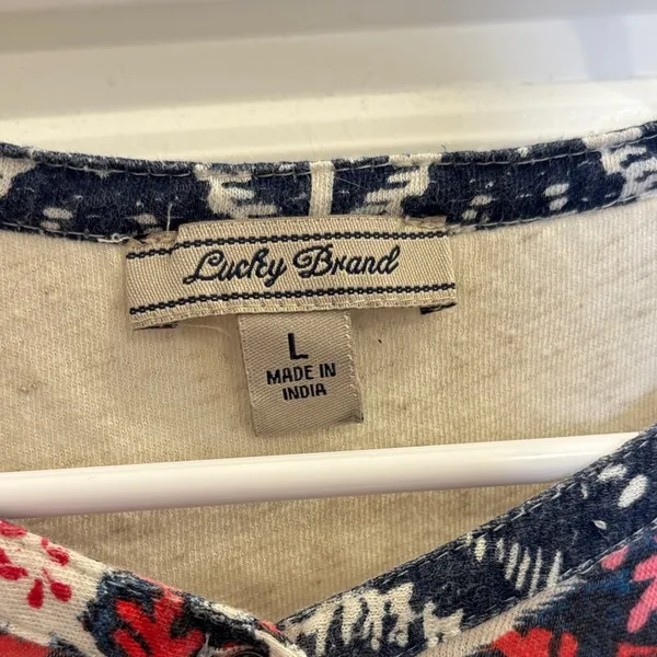 Lucky Brand Boho Embroidered Henley Top Cream Blue Red Size L - Image 2