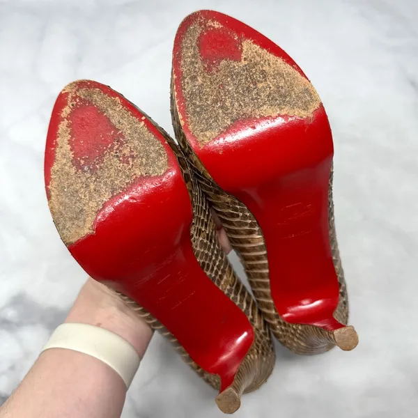 Christian Louboutin Altadama 140 Watersnake Open Toe Platform Heels Brown 38 - Image 9