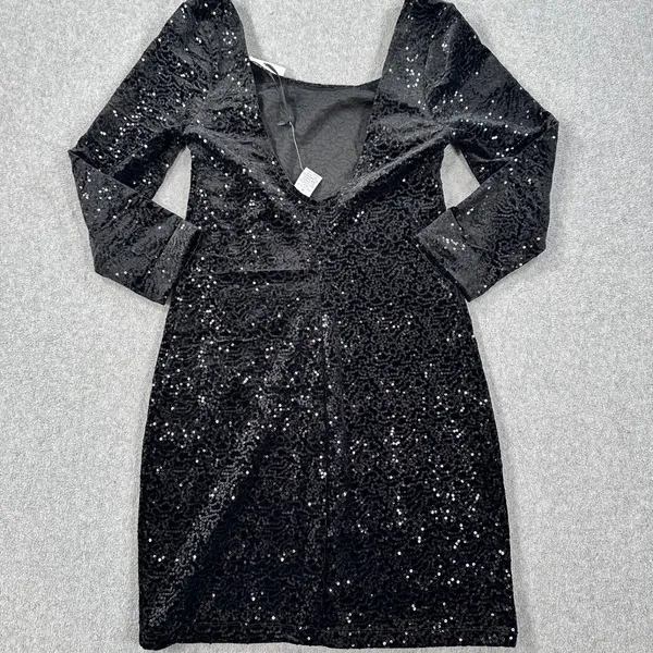 Mimi Chica Low Back Black Velvet Sequin Dress Size Medium 3/4 Sleeve Sheath New - Image 7