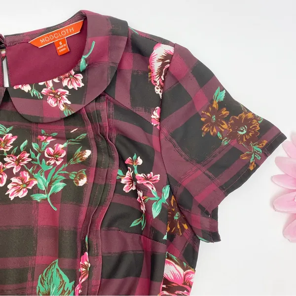 ModCloth Burgundy Floral Buffalo Check Joyfully Poised Collared A-Line Dress - Image 12
