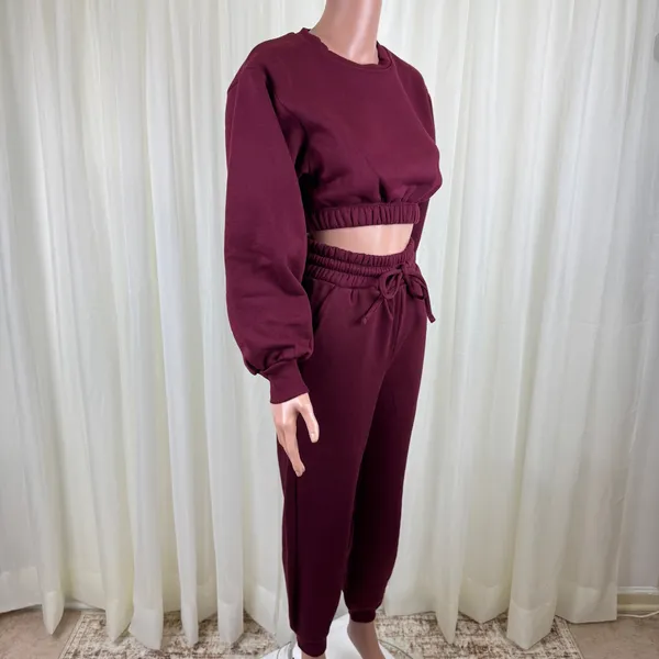 Zenana 2 Pcs Crop Sweatshirt Tracksuit Jogger Pants Set Outfit Active Loungewear Burgundy Size XS - Image 4