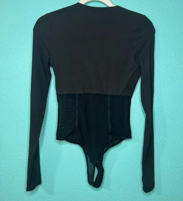 REORIA Women's Trendy Sexy Crew Neck Thumbholes Long Sleeve Sheer Mesh Bodysuit - Image 6