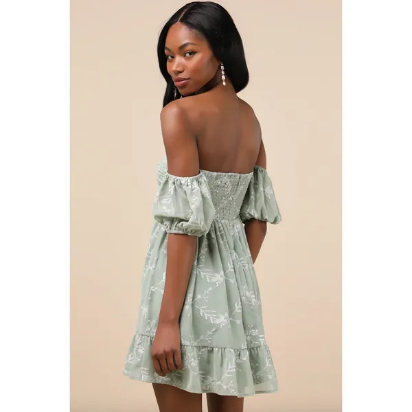 Lulus Cutest Icon Sage Green Embroidered Off-the-Shoulder Mini Dress Small NWT - Image 4