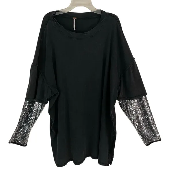 Free People Nellie Sequin Twofer‎ top Womens M black and silver oversized Grunge - Image 4