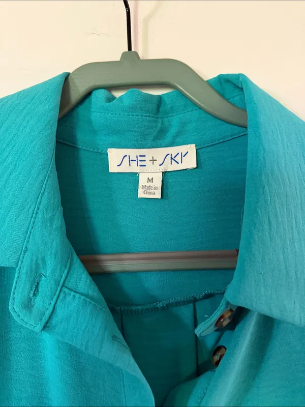 She + Sky Teal Button-Front Midi Shirt Dress with Tie Waist - Image 3